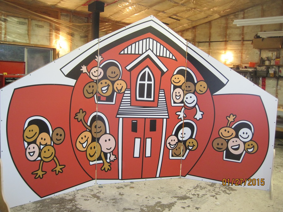 Folding school sign with cartoon faces